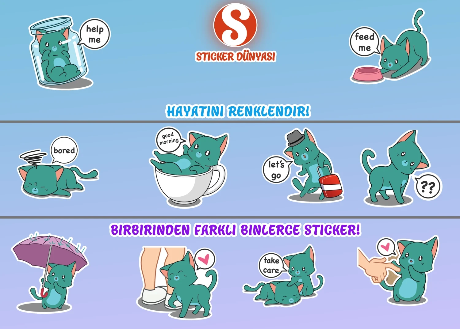 Sevimli Kedi Temalı Sticker Koleksiyonu (Yeşil-Kedi2) görsel 4